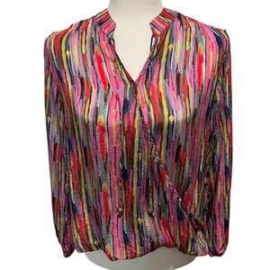 APNY Cupro Blouse Top Sz M Colorful Watercolor Silky Tassel Ties Faux Wrap Artsy